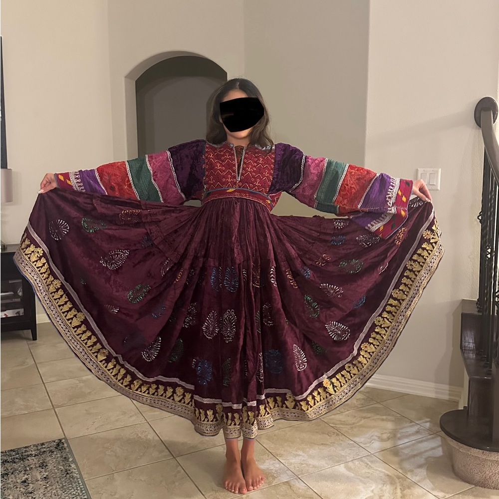 Vintage Afghani dress Purple red and green Bishop Sleeves Boho Kuchi Size XS - Picture 5 of 8